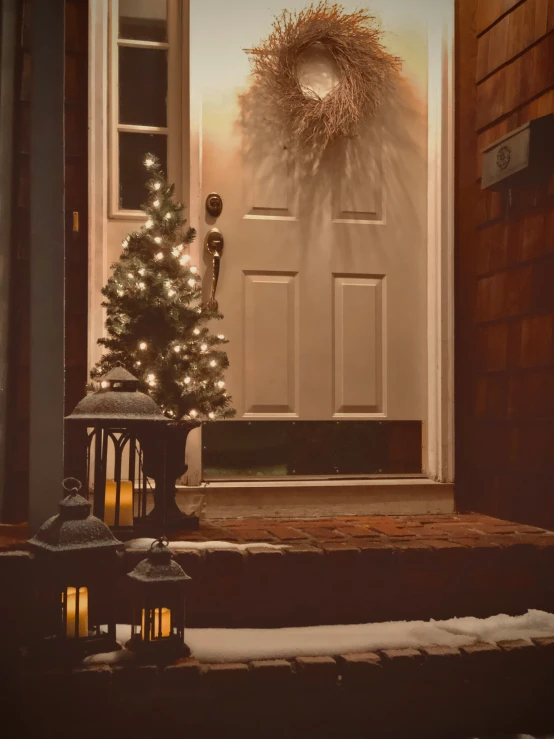 a decorated christmas tree on a porch of some kind