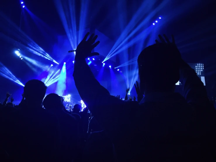 a group of people waving their hands at a concert