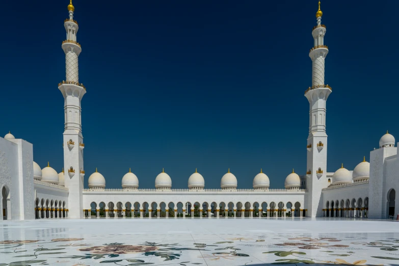 two tall white mosques are in the middle of an icy plain