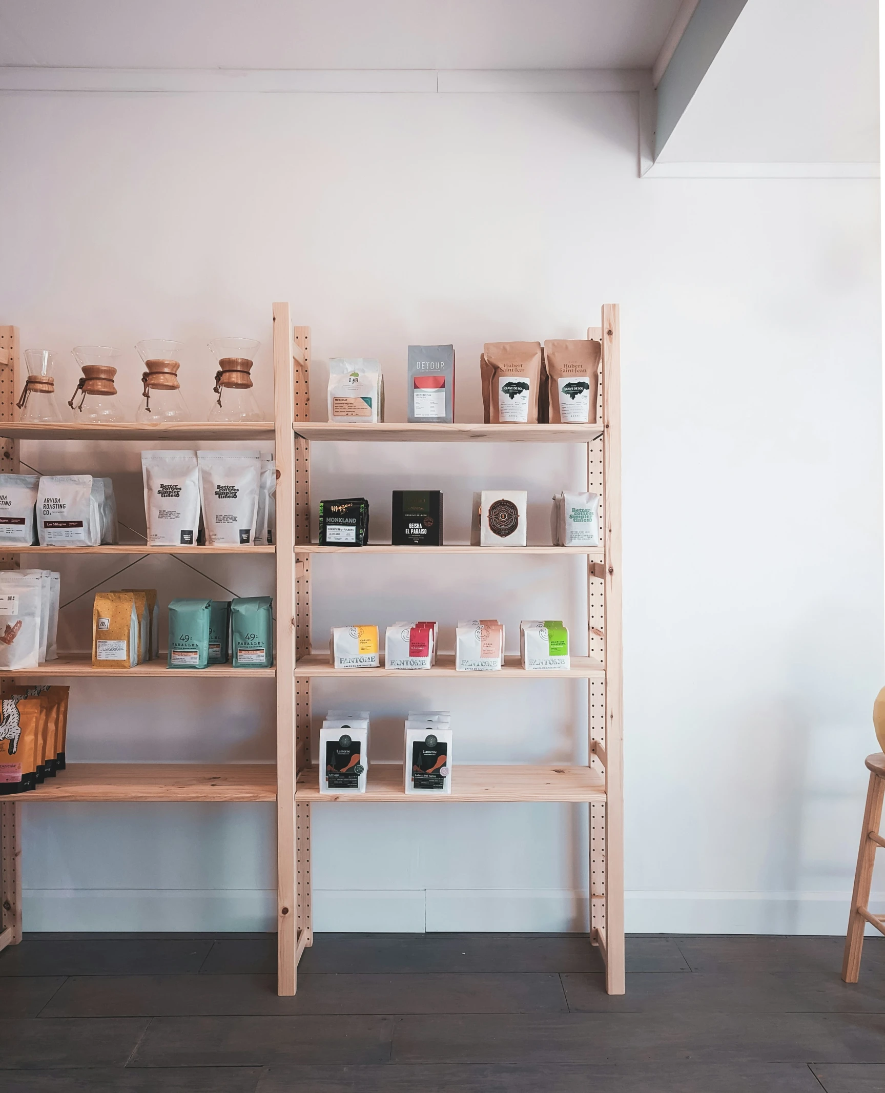 wooden shelves with various items arranged on them