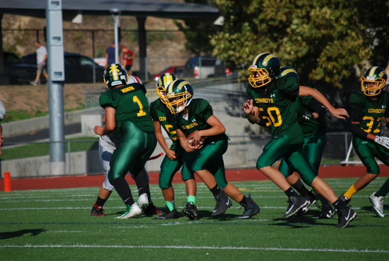 a football team is standing on the field