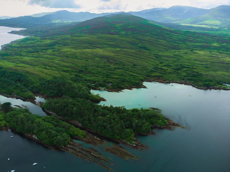 a long green island with an airplane flying over it