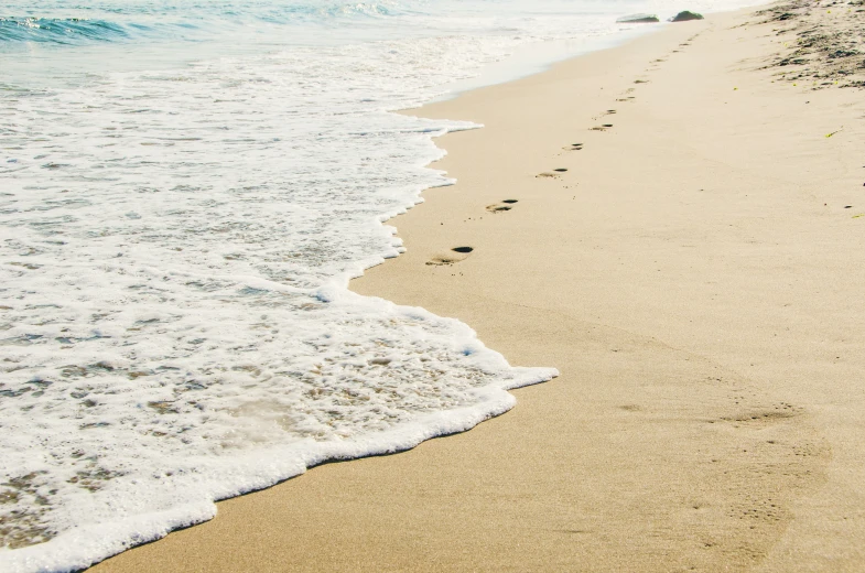 two footprints left on the sand next to a beach