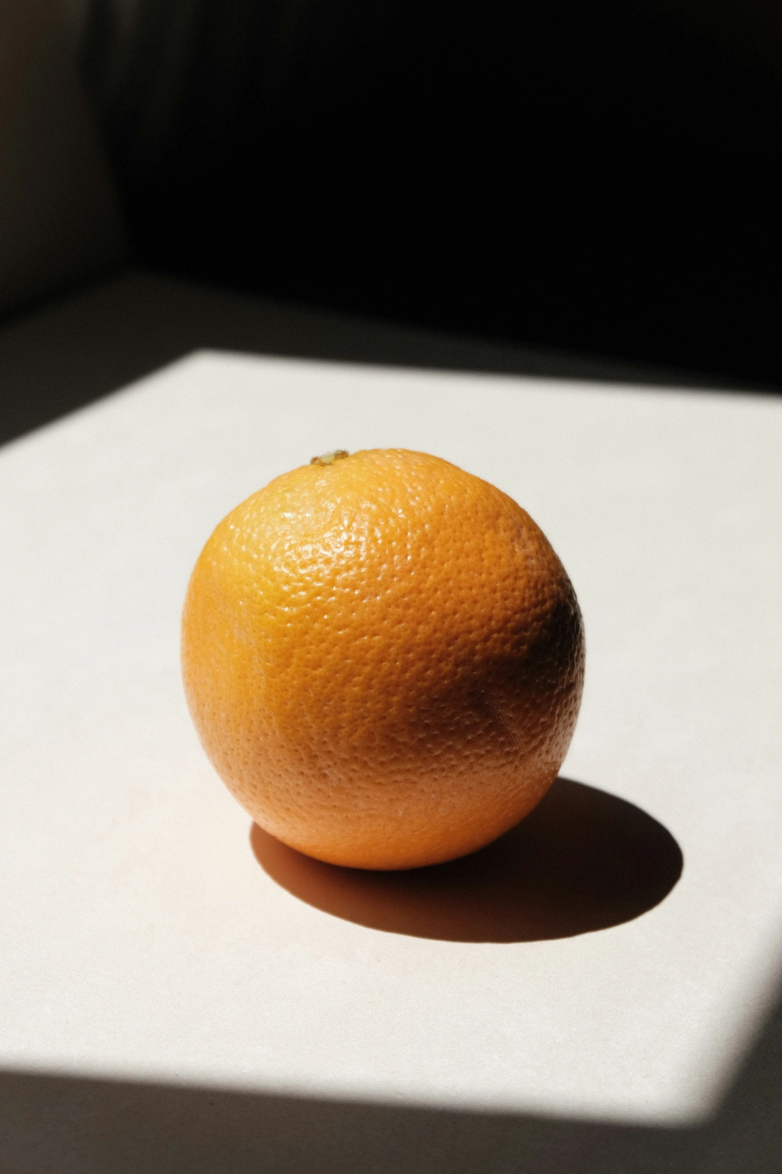 orange lying on white surface with bright sunlight