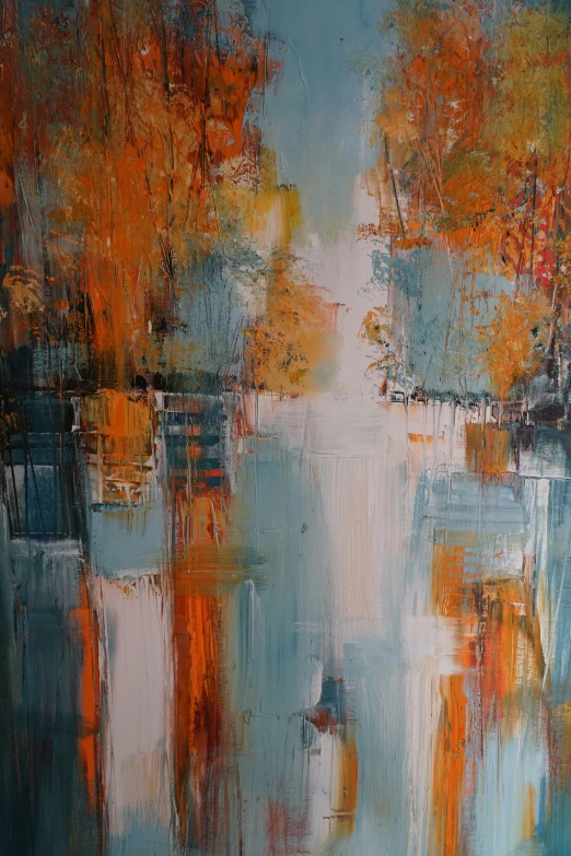 an abstract painting with oranges and blue accents