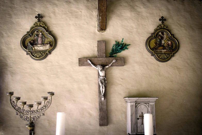 this is a cross, mantle, and candles