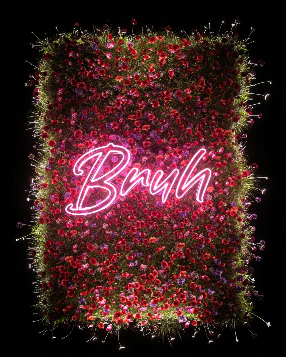 a bush covered in flowers is seen lit up in front of the word va written on the grass