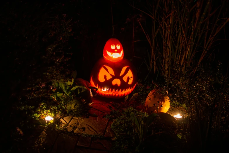 a large lighted pumpkin in the middle of a garden