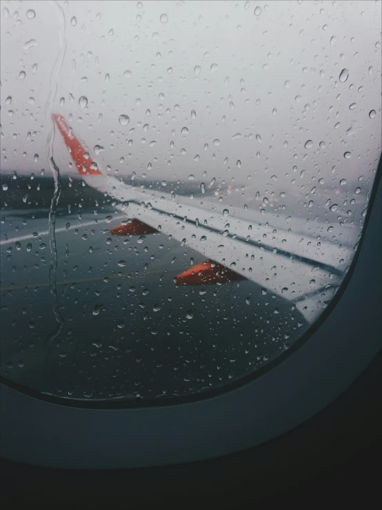 the view from an airplane window at night or in mid - evening