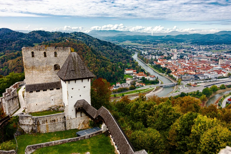 an aerial view from atop a wall of a castle