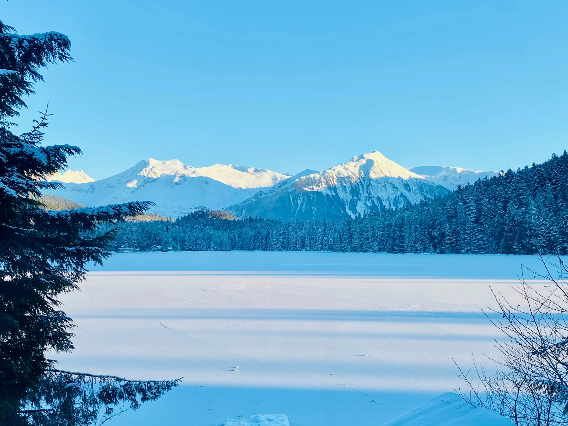 a snowy landscape with snow on it and mountains in the background