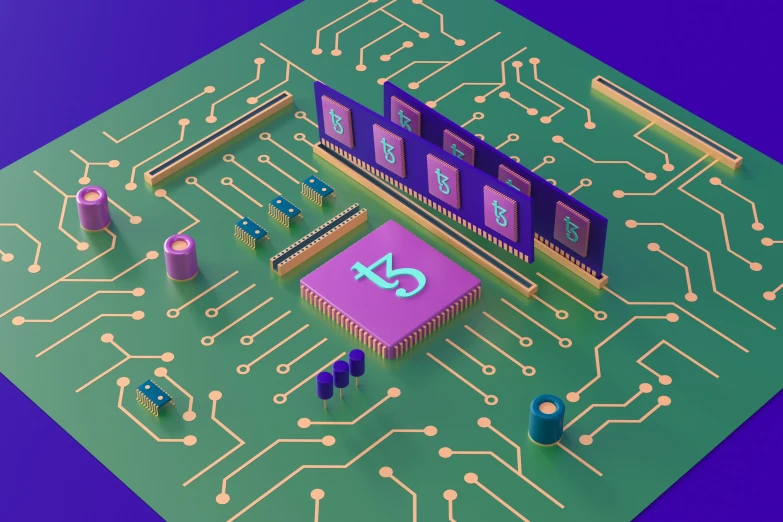 a colorful circuit board that has the letters c on it