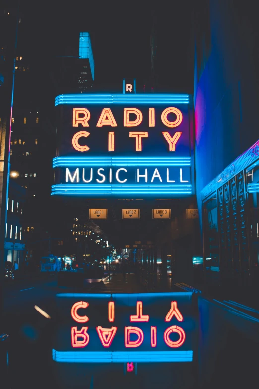 a radio city sign that says radio city music hall