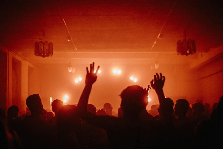 an audience at a concert raises their hands up