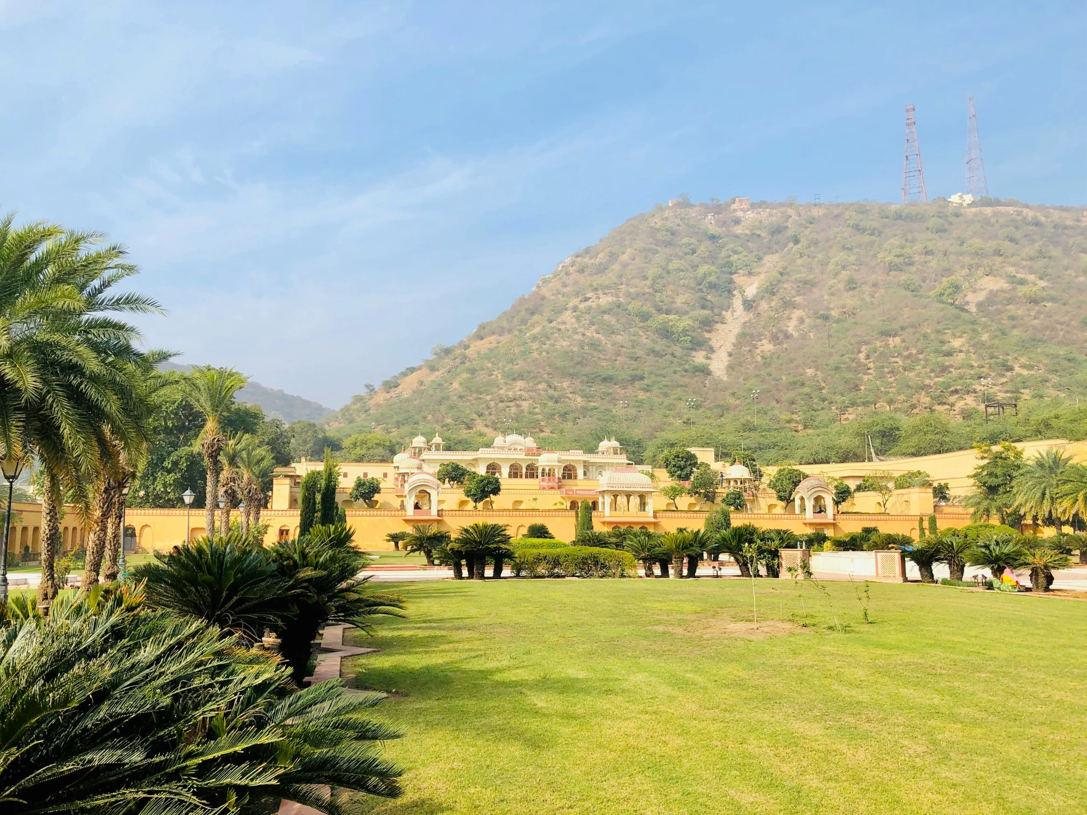 a lush green park with tall mountain in the background