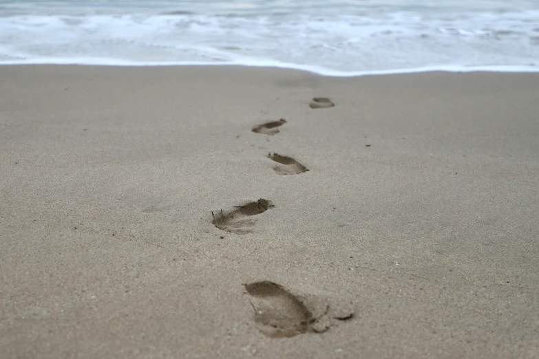 three footprints walking across a beach by the ocean