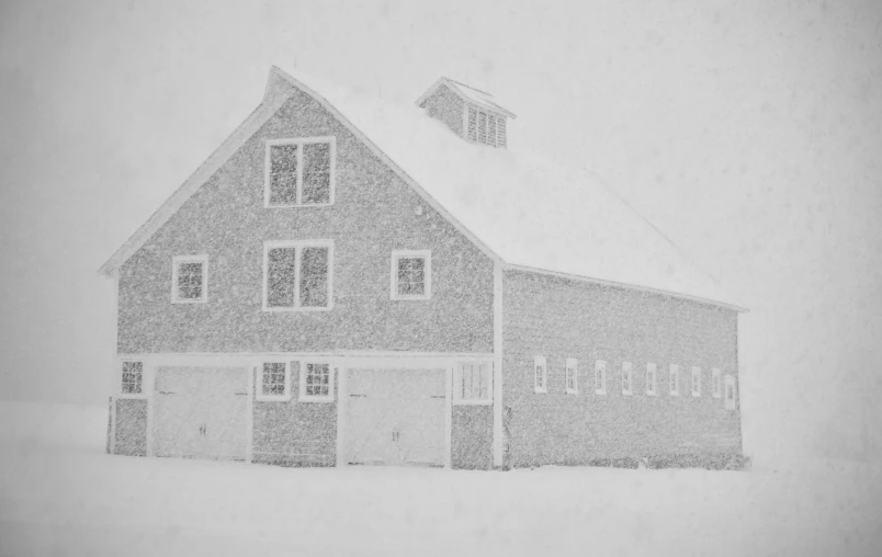 a sketch of a house on top of snow covered ground