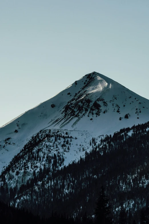 a very tall snow covered mountain with a clear sky