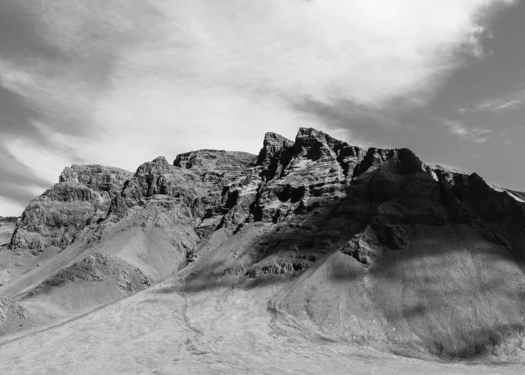 a black and white po of a rocky mountain