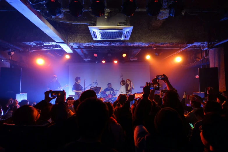 crowd of people at concert with band playing in distance