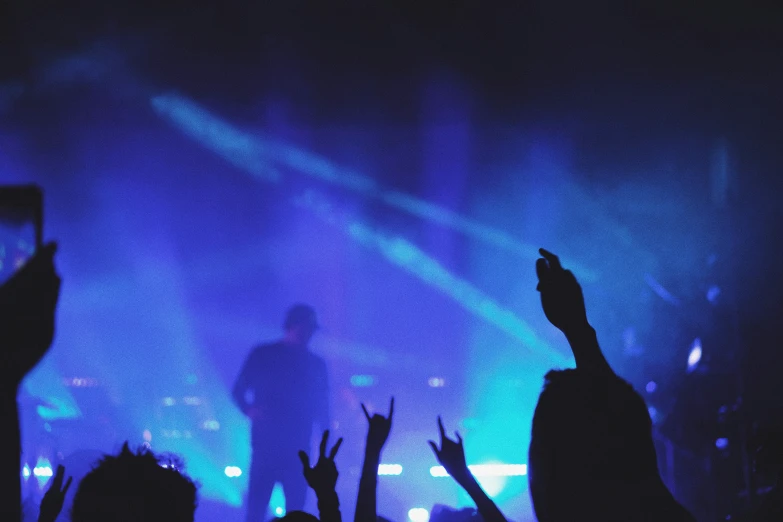 a crowd at a concert with their hands up