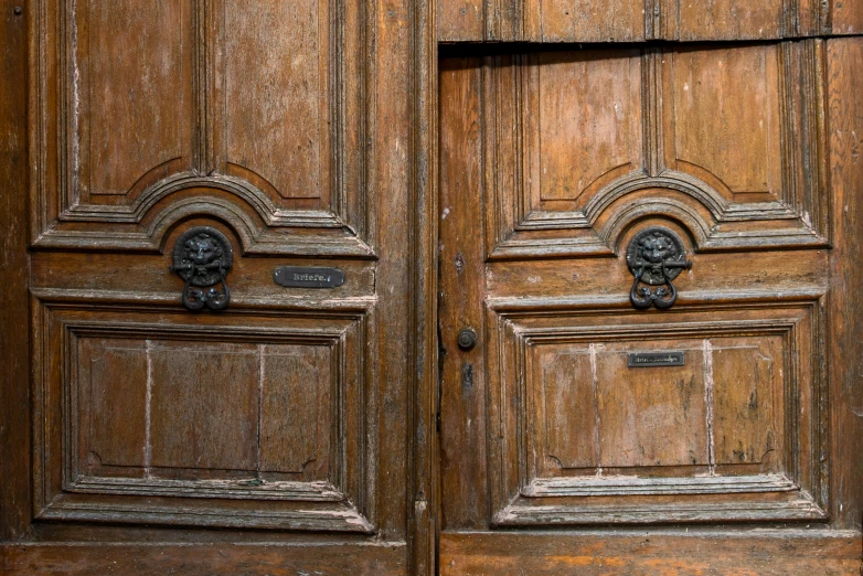 two carved wooden doors one with a door handle