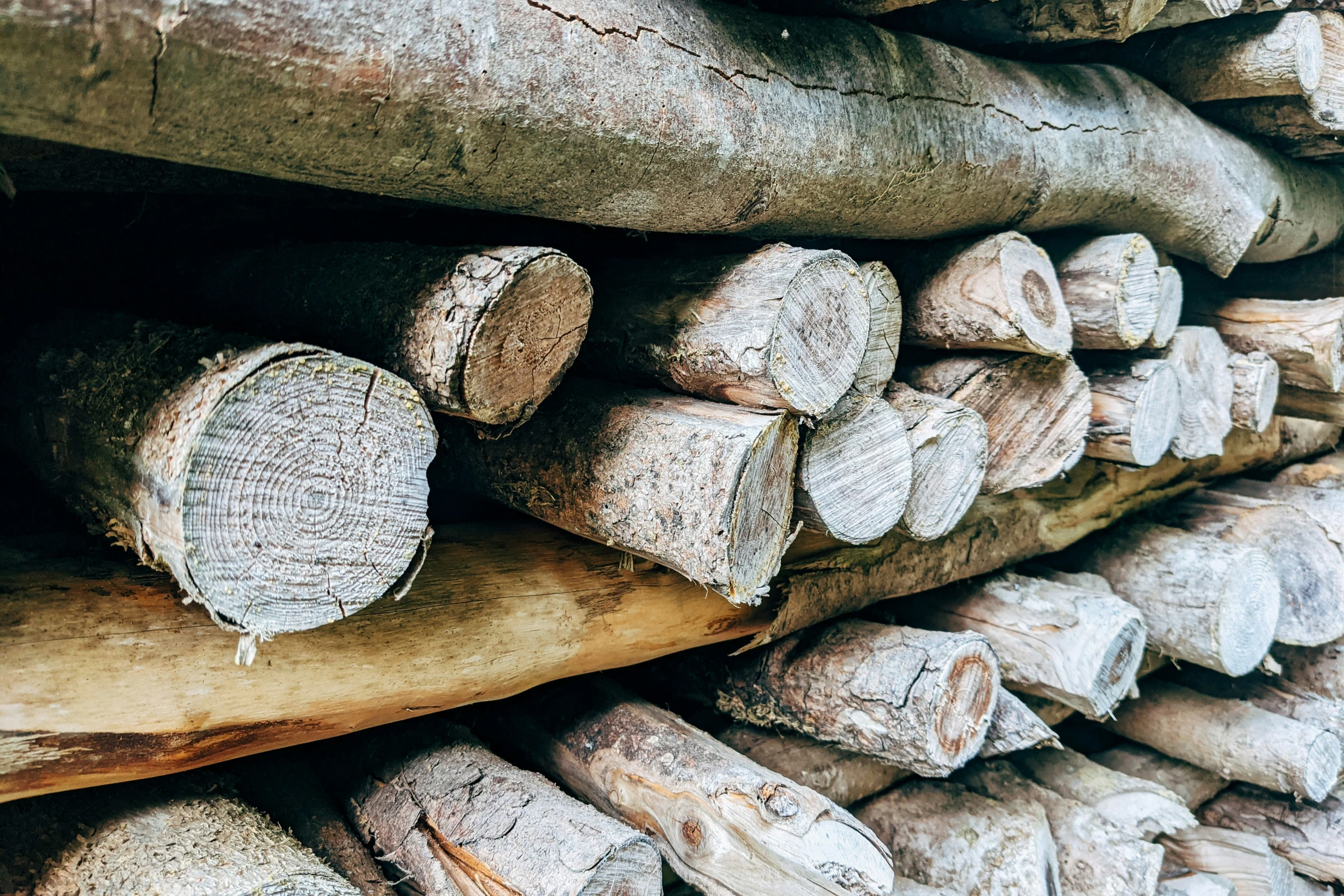 the wall is lined up with a large amount of logs