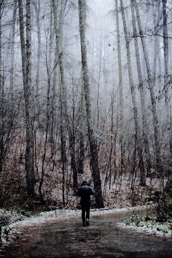 man walking in snowy wooded area with umbrella