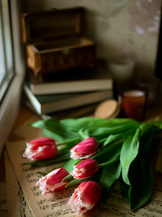 several folded up pink flowers are on a sheet of music with some books