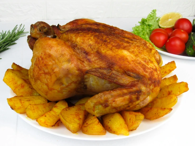 a turkey with yellow pineapples on the side