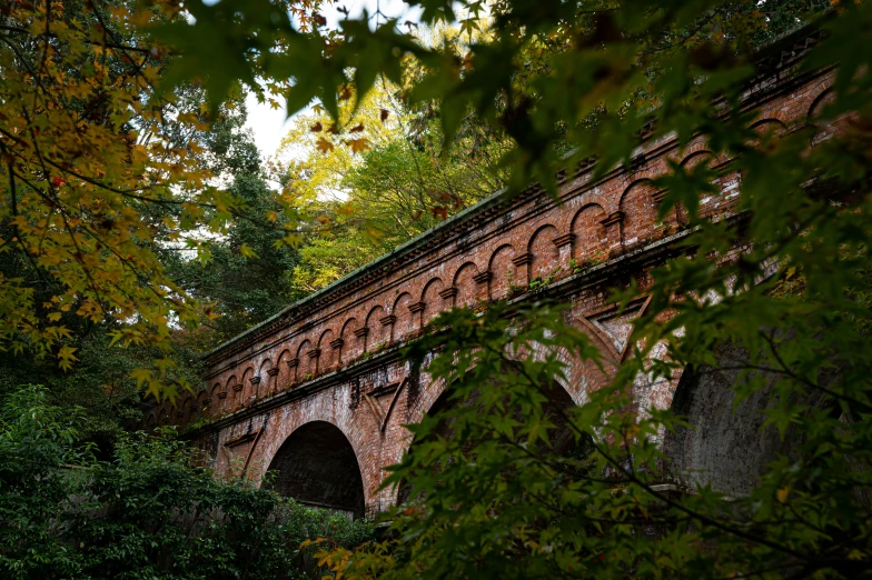 an old brick bridge is surrounded by trees