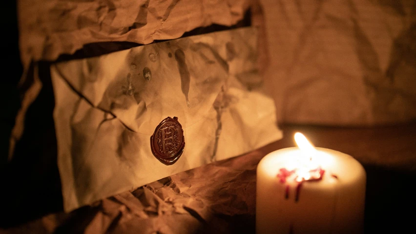 a lit candle on the floor next to a decorative piece of paper