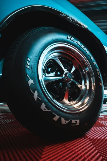 a very nice looking car wheel from behind