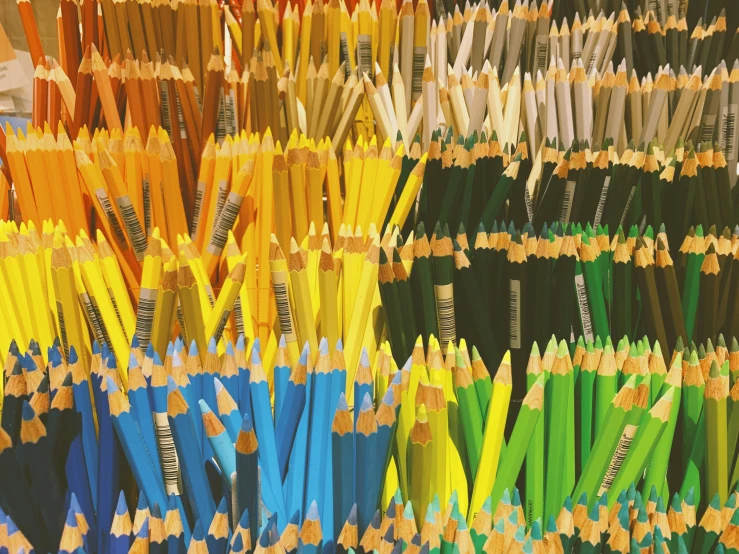 several rows of colored pencils standing next to each other