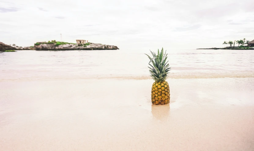 a pineapple sitting on top of a sandy beach