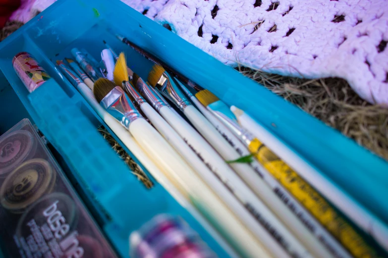 various paint brushes and palettes laying in the container