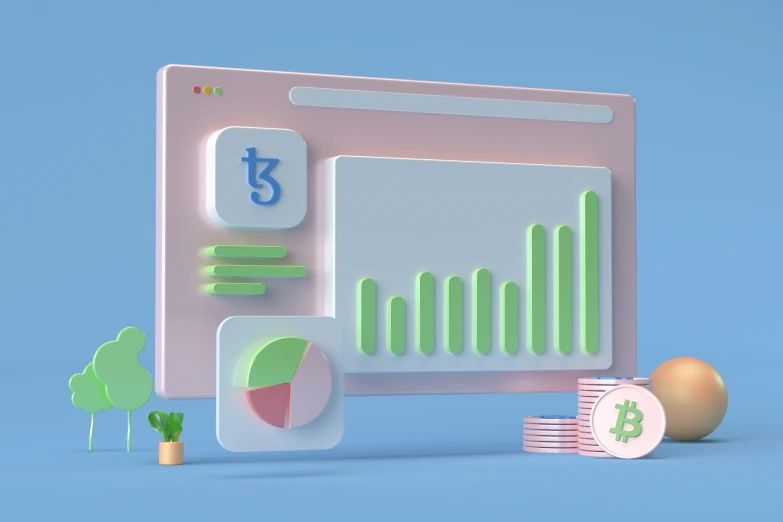 the icon is placed next to a screen, with a bar chart, coins and a green object