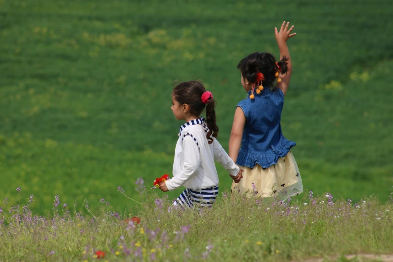 two little girls are walking through the flowers