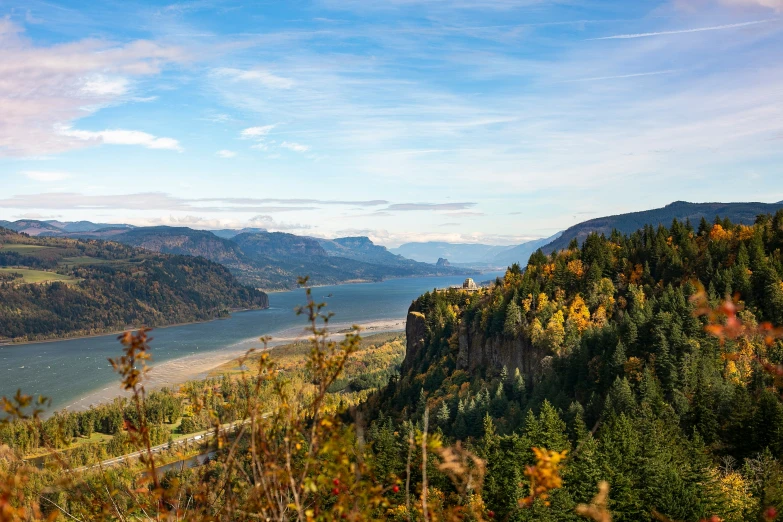 the water is calm and full of autumn colored foliage