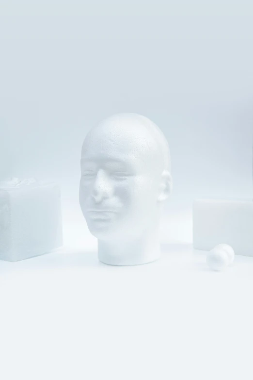a white human head surrounded by various objects