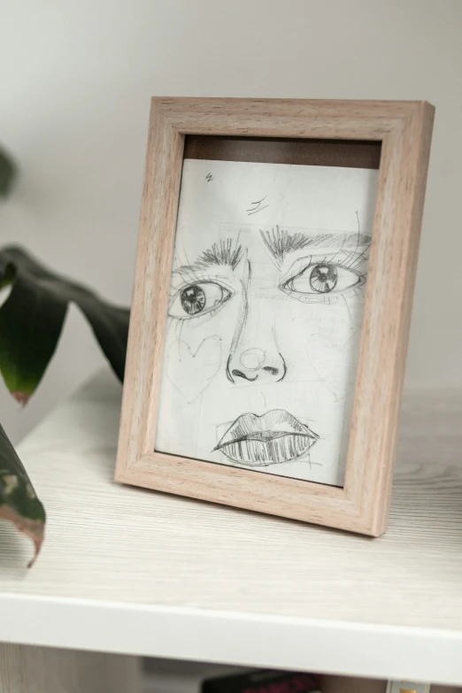 a wooden framed picture frame sits on a shelf with a plant and other flowers