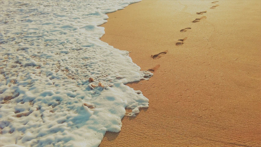 two footprints are seen in the surf from the sand