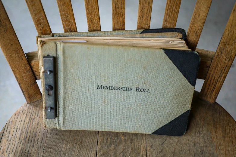 the back end of a wooden chair has a book cover