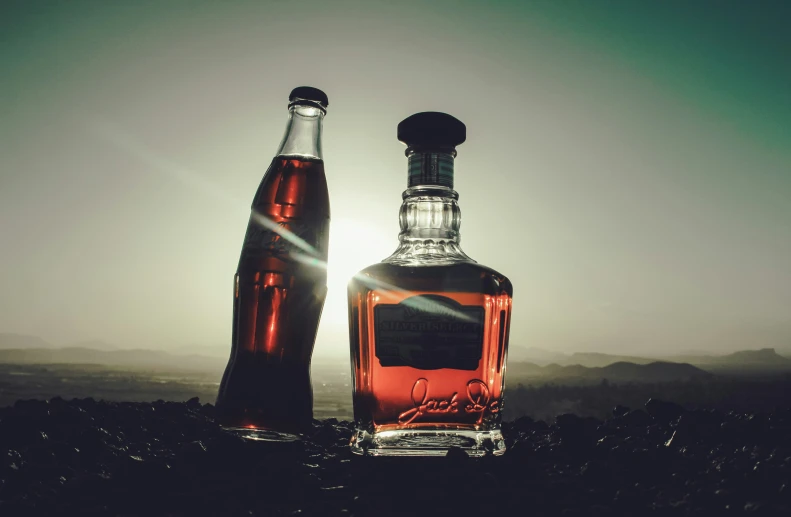 two bottles of liquor sitting side by side on top of some rocks