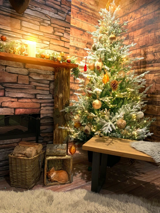 a tree and two baskets near a fireplace