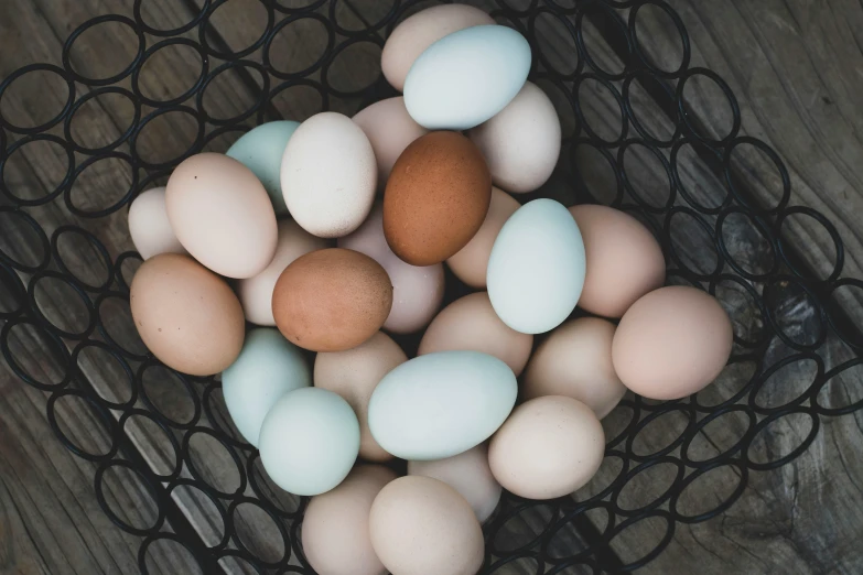 several eggs in a wire basket on top of wood