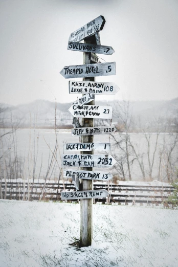 there is a tall sign with multiple directional arrows pointing in many directions