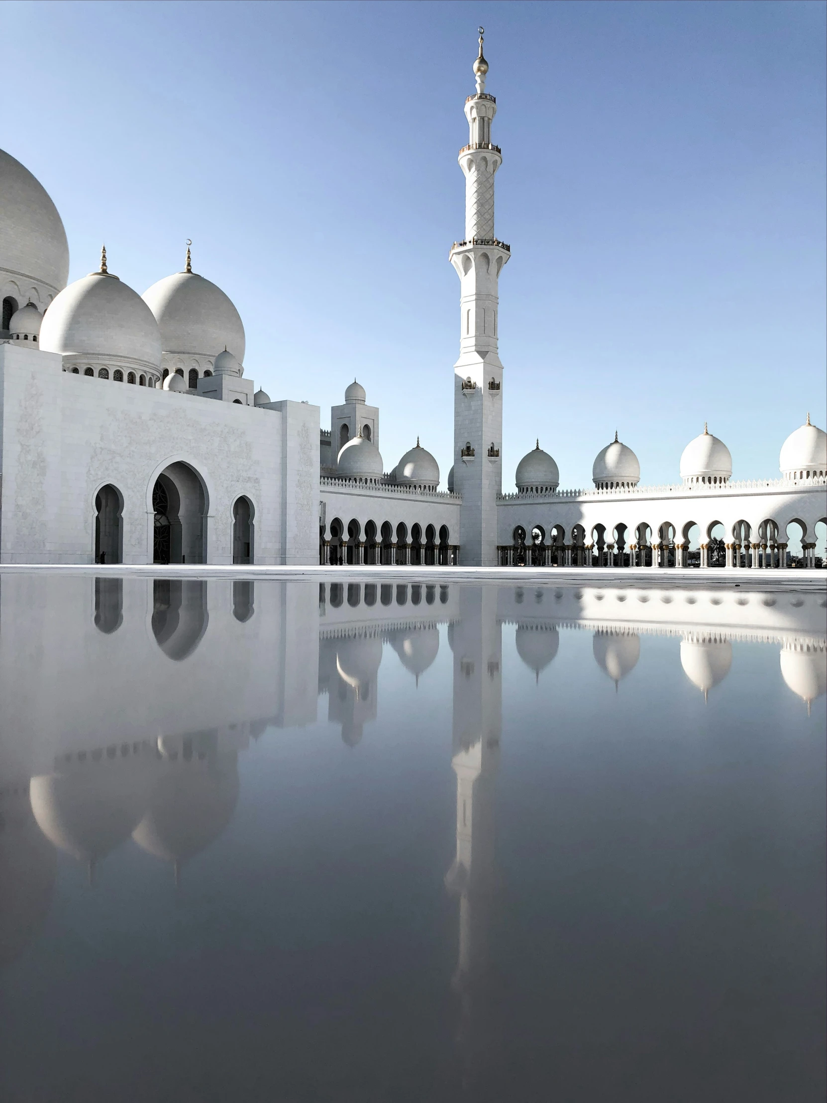 the reflection of a large building in a pool