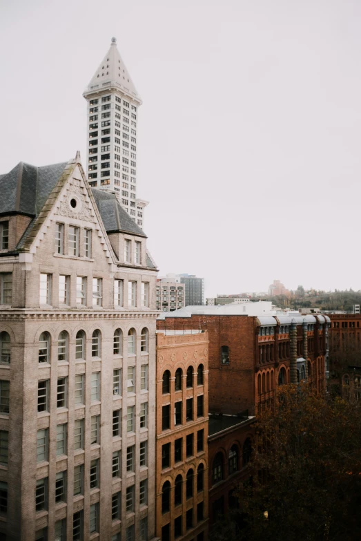 the top of two buildings overlooking another building