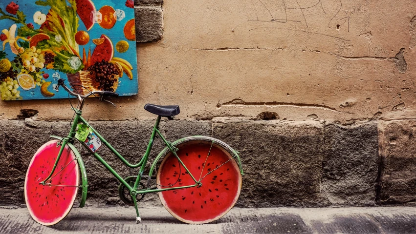 a close up of a bike that has been decorated to look like watermelon